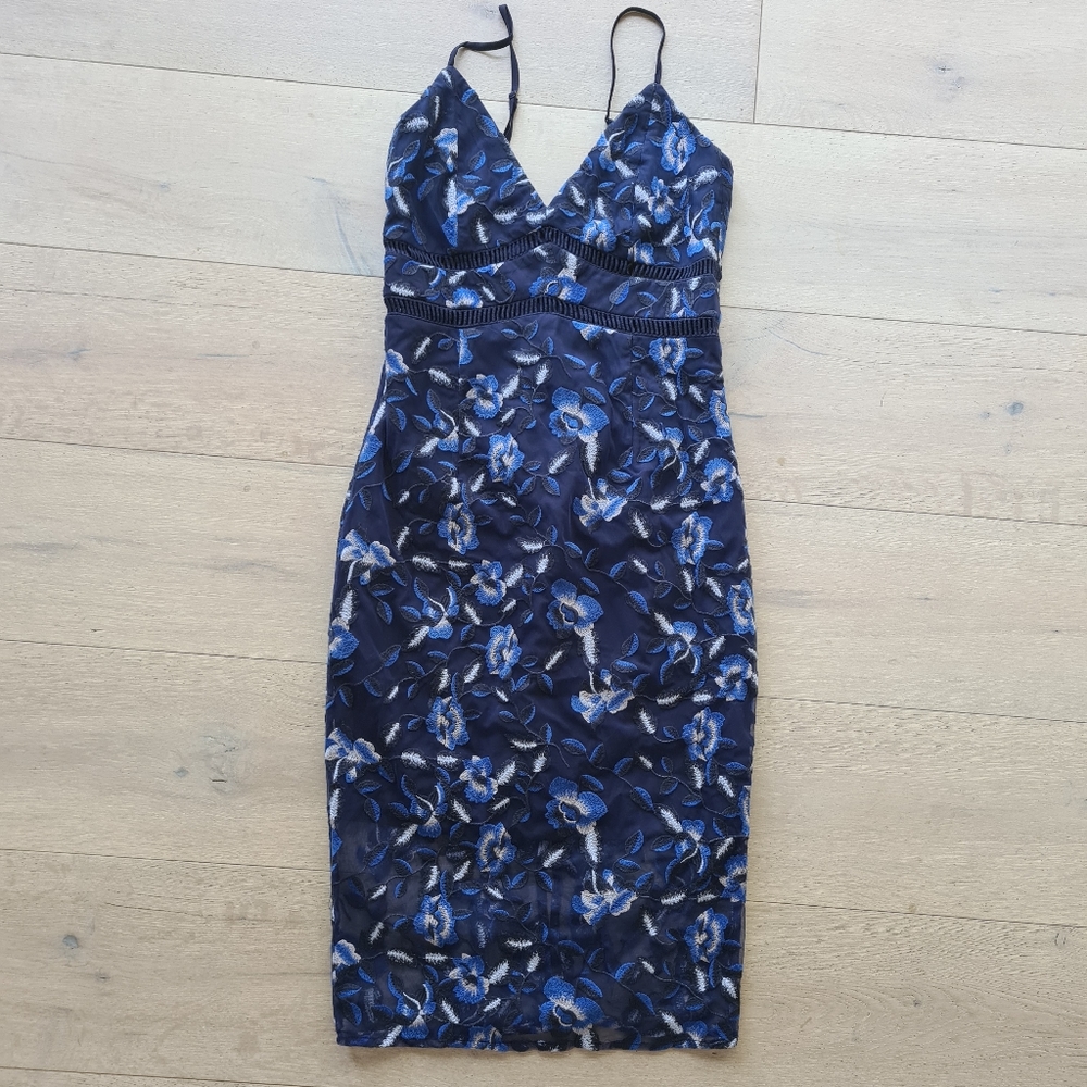 Bardot Embroidered Blue Floral Midi Dress